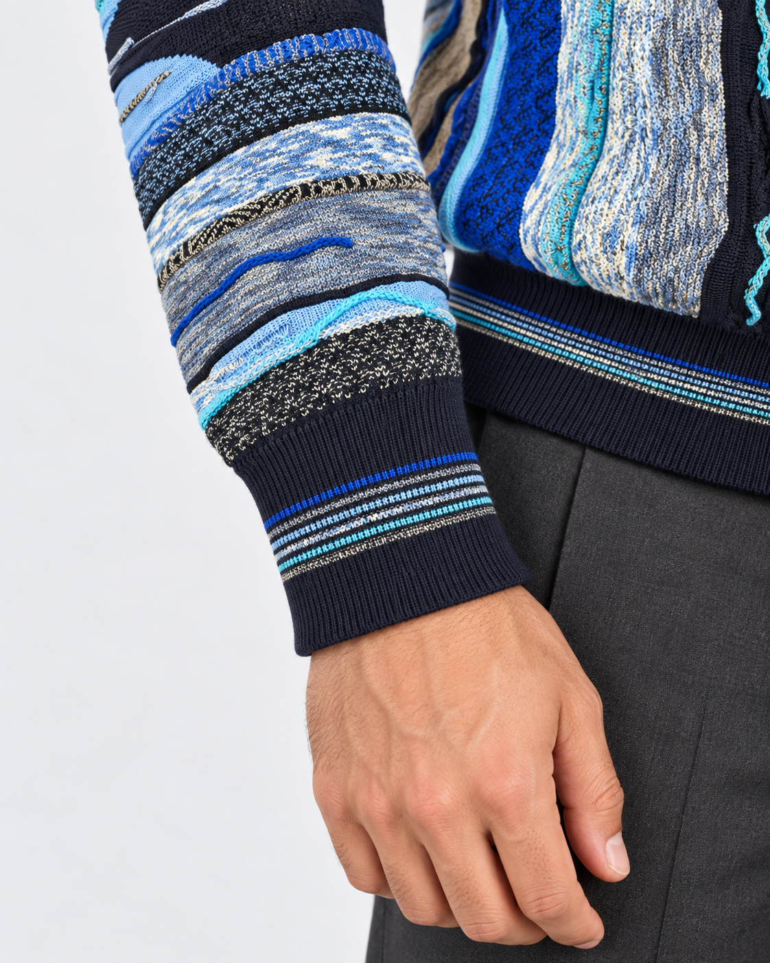 Lorenzoni Maglia girocollo uomo fantasia blu e azzurro in misto lana