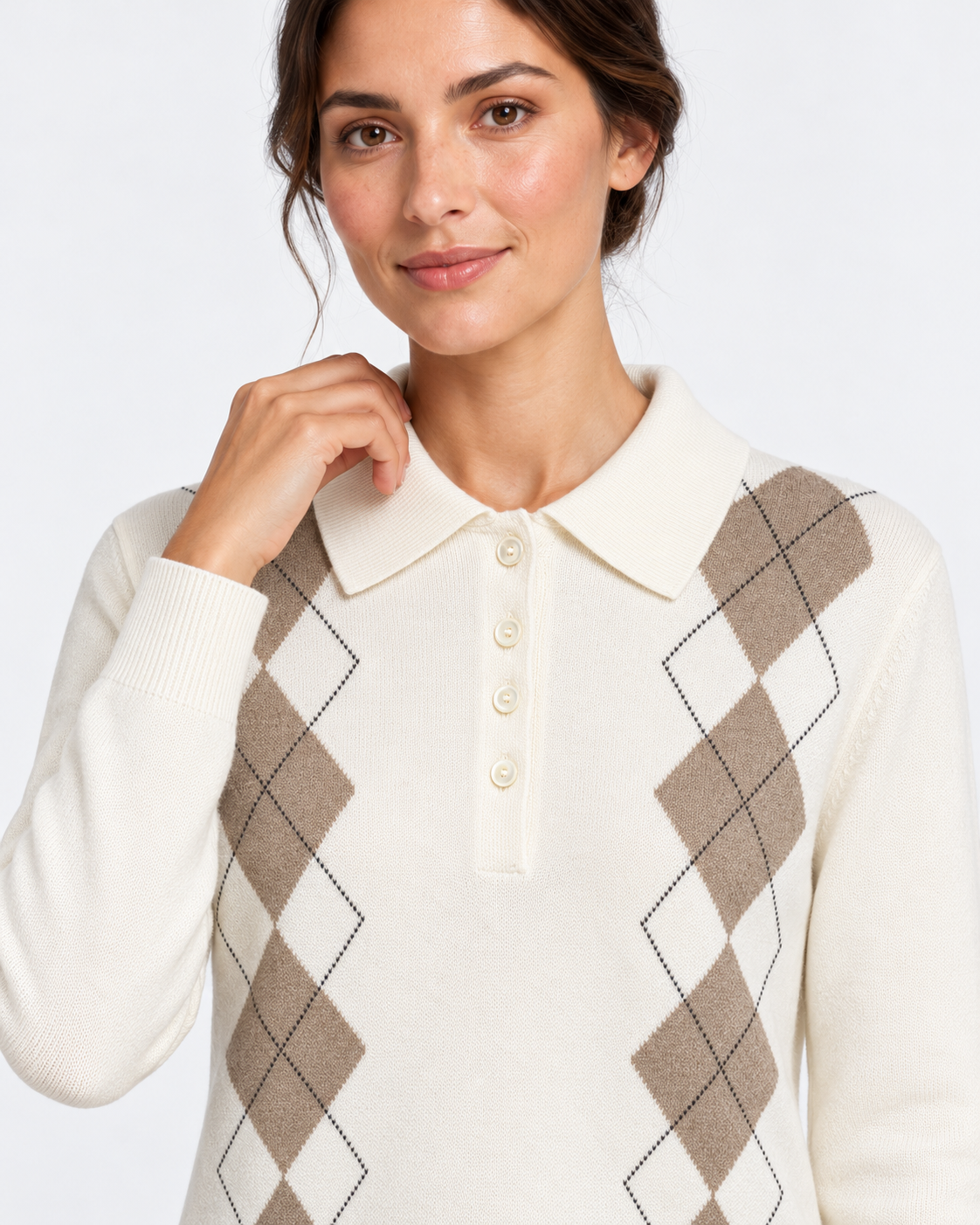 Gran Sasso Polo Donna Panna a Rombi in Lana e Cashmere
