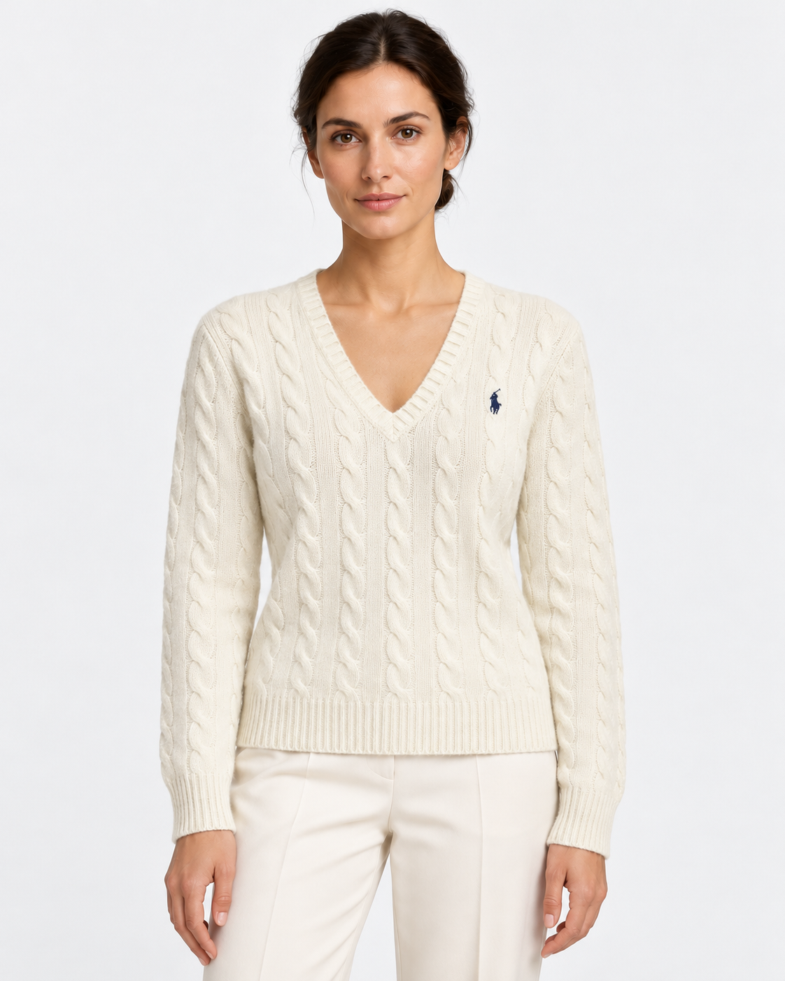 Maglione a collo a V in lana e cashmere a trecce bianco
