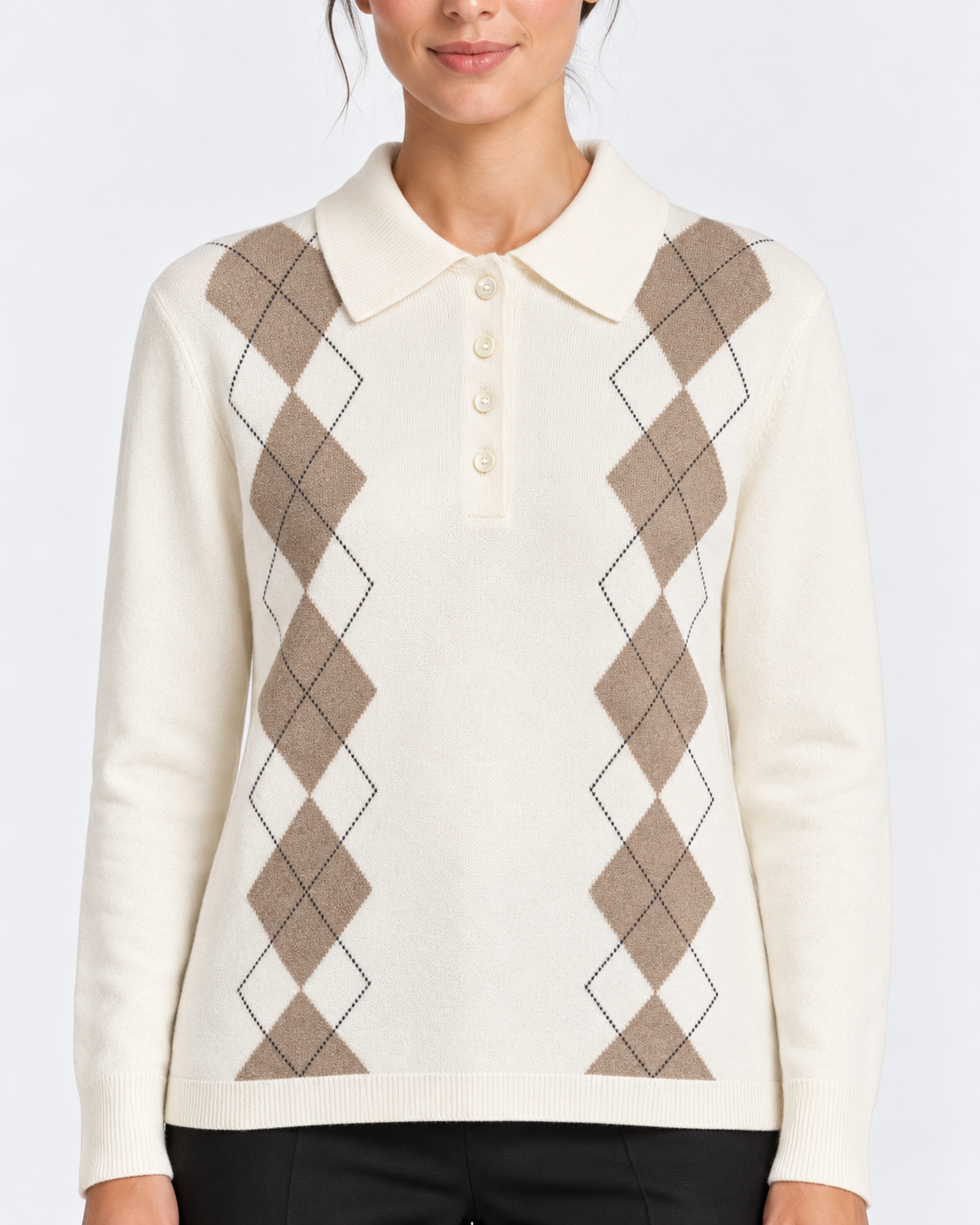 Gran Sasso Polo Donna Panna a Rombi in Lana e Cashmere