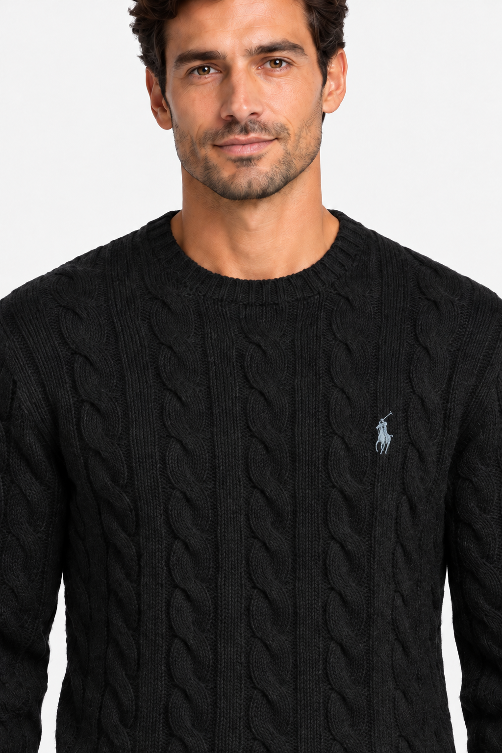 Polo Ralph Lauren Maglia Uomo a Trecce Nera in Lana e Cashmere