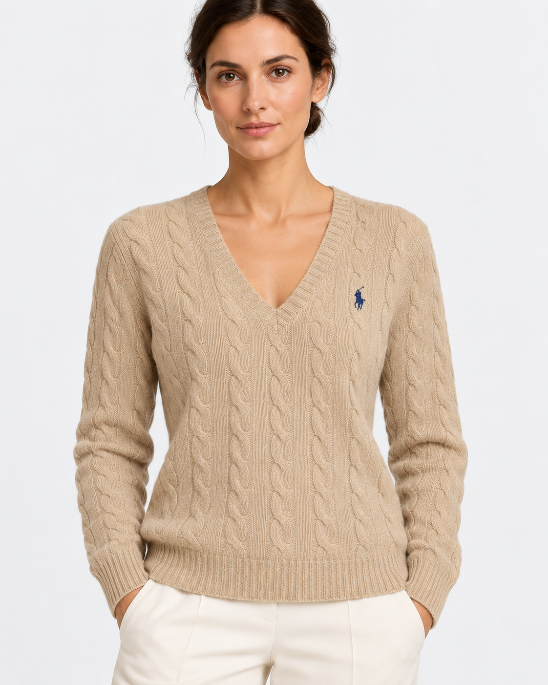 Maglione a collo a V in lana e cashmere a trecce beige