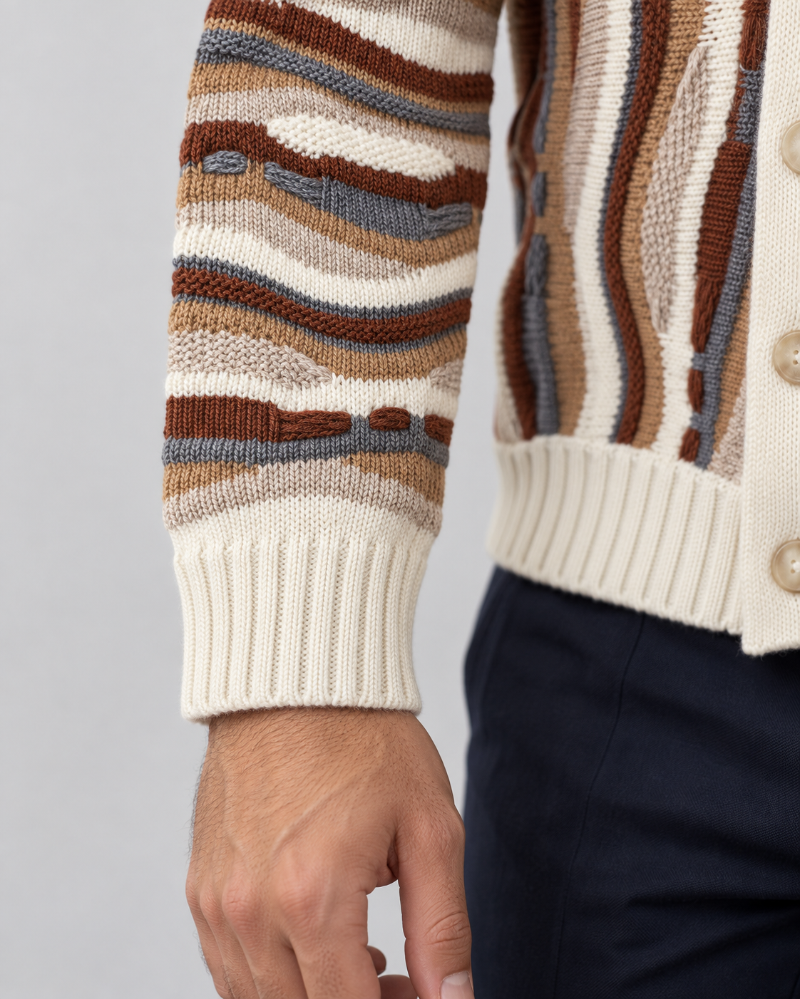 Lorenzoni Cardigan uomo fantasia panna con collo a scialle
