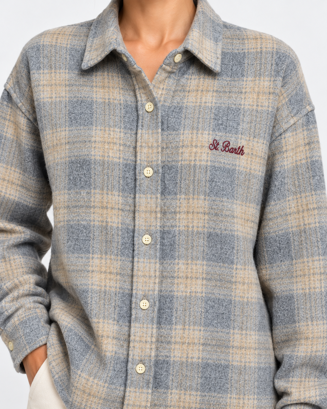 MC2 Saint Barth Camicia Donna Lully Snoopy Tartan Grigio e Beige