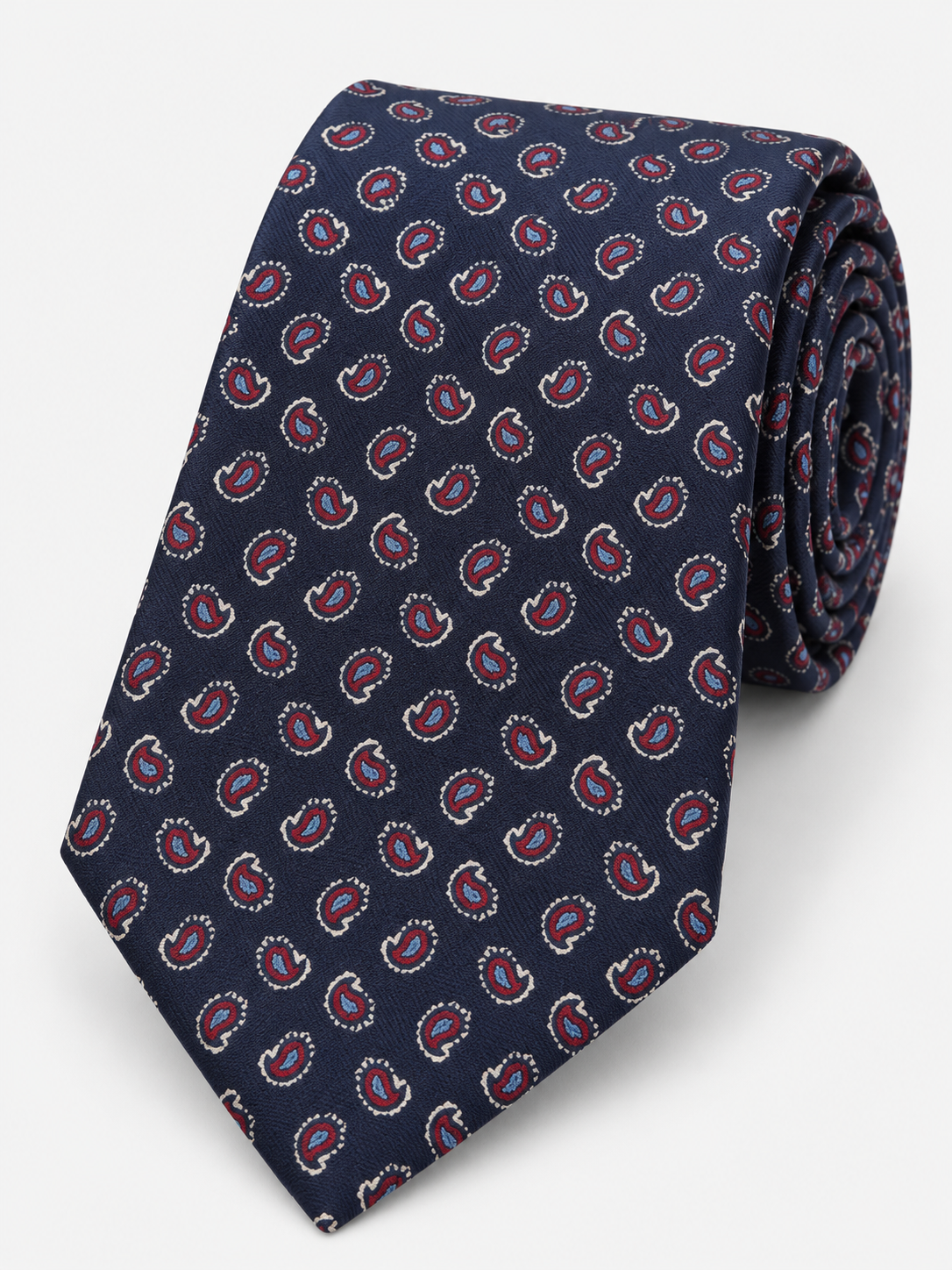 Blue and red paisley print silk tie