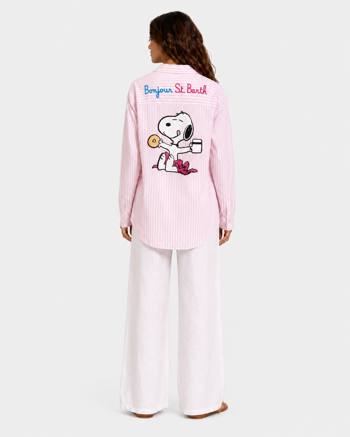 Camicia Brigitte in cotone a righe rosa con ricamo Snoopy bonjour