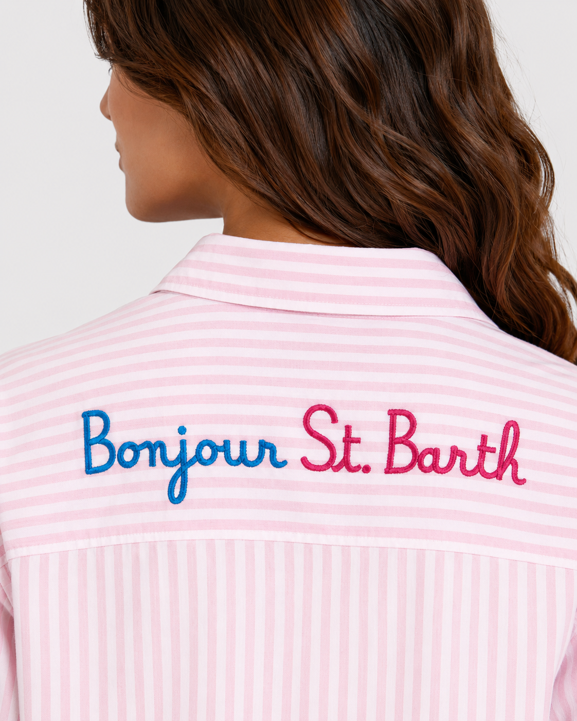 Camicia Brigitte in cotone a righe rosa con ricamo Snoopy bonjour