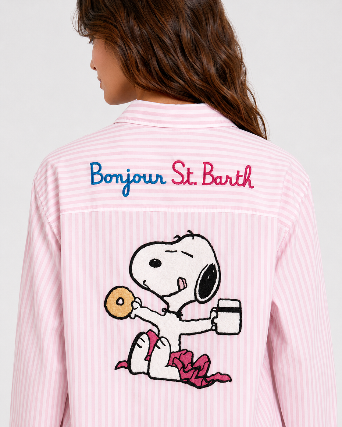 Camicia Brigitte in cotone a righe rosa con ricamo Snoopy bonjour