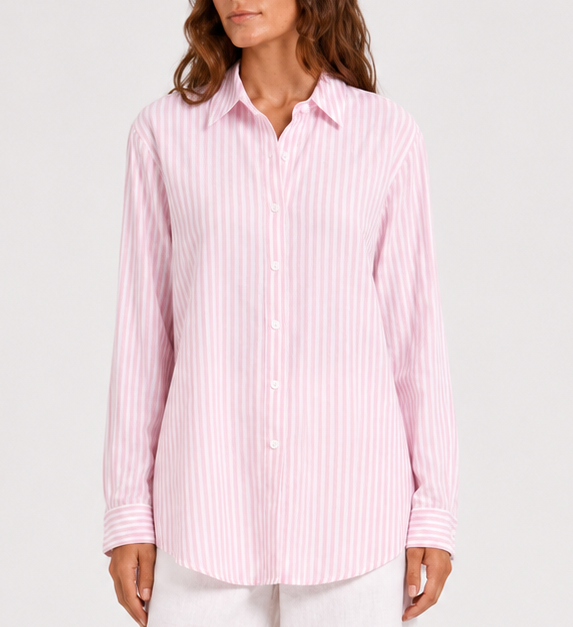 Camicia Brigitte in cotone a righe rosa con ricamo Snoopy bonjour