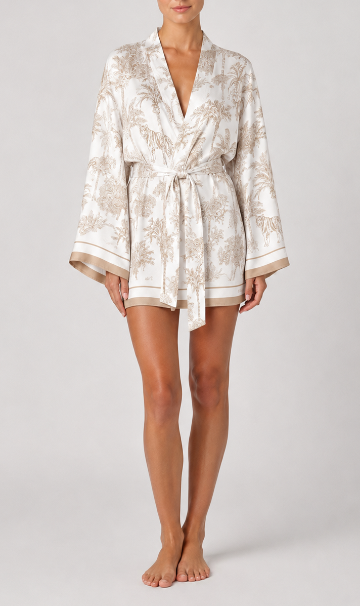 Kimono corto Carly in seta con stampa jungle oceania