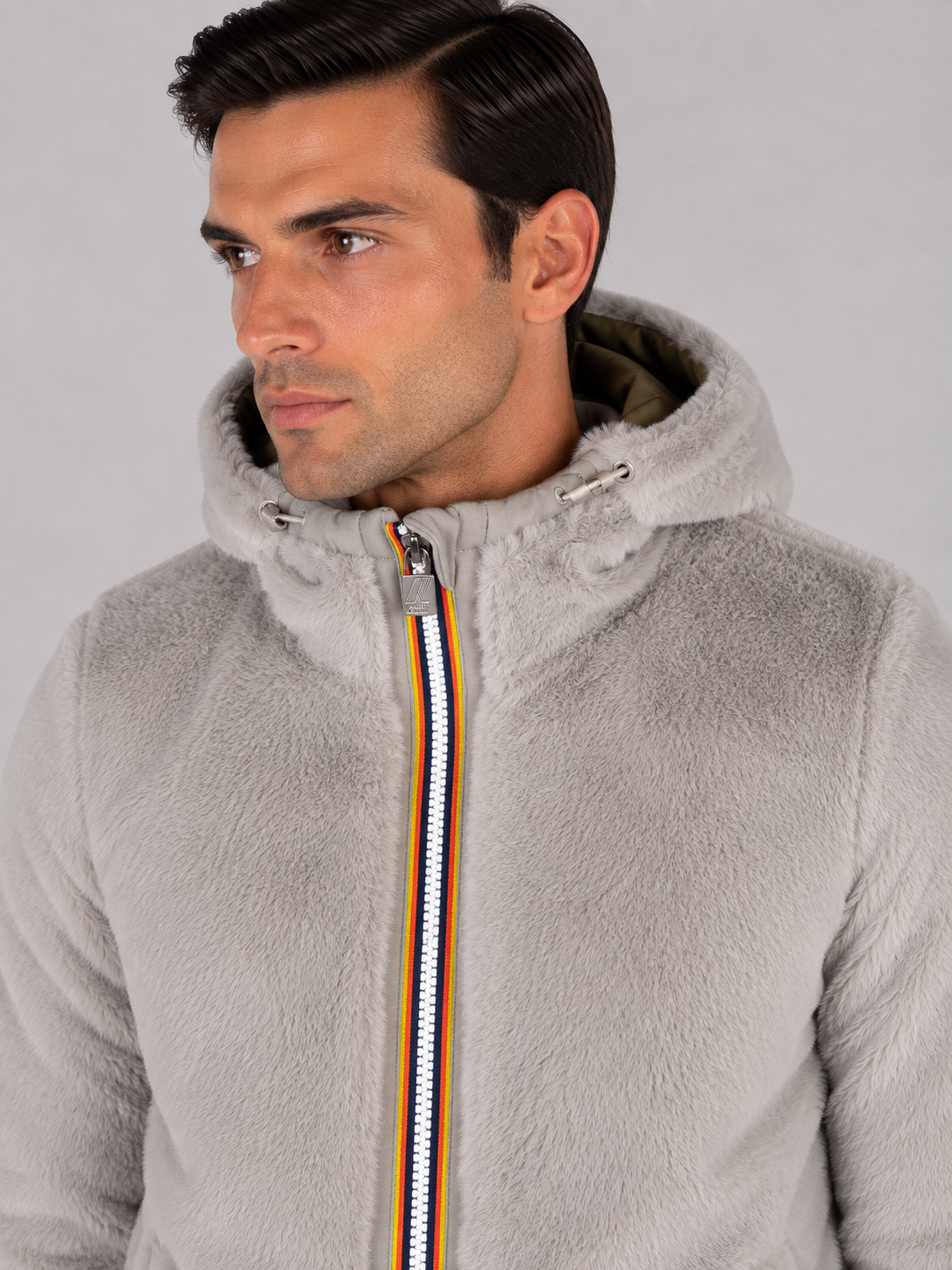 K-Way Giacca Uomo Jack light spancer fur double Reversibile con Cappuccio GREEN ARMY-FUR