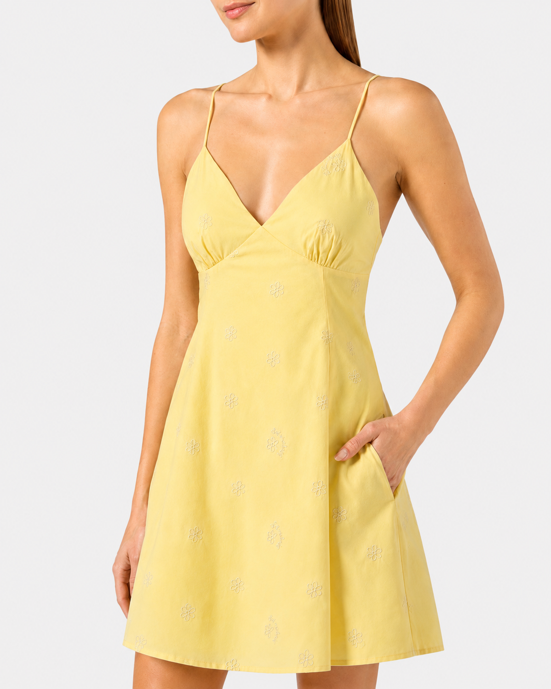 Abito corto Marge in cotone giallo con ricamo floreale