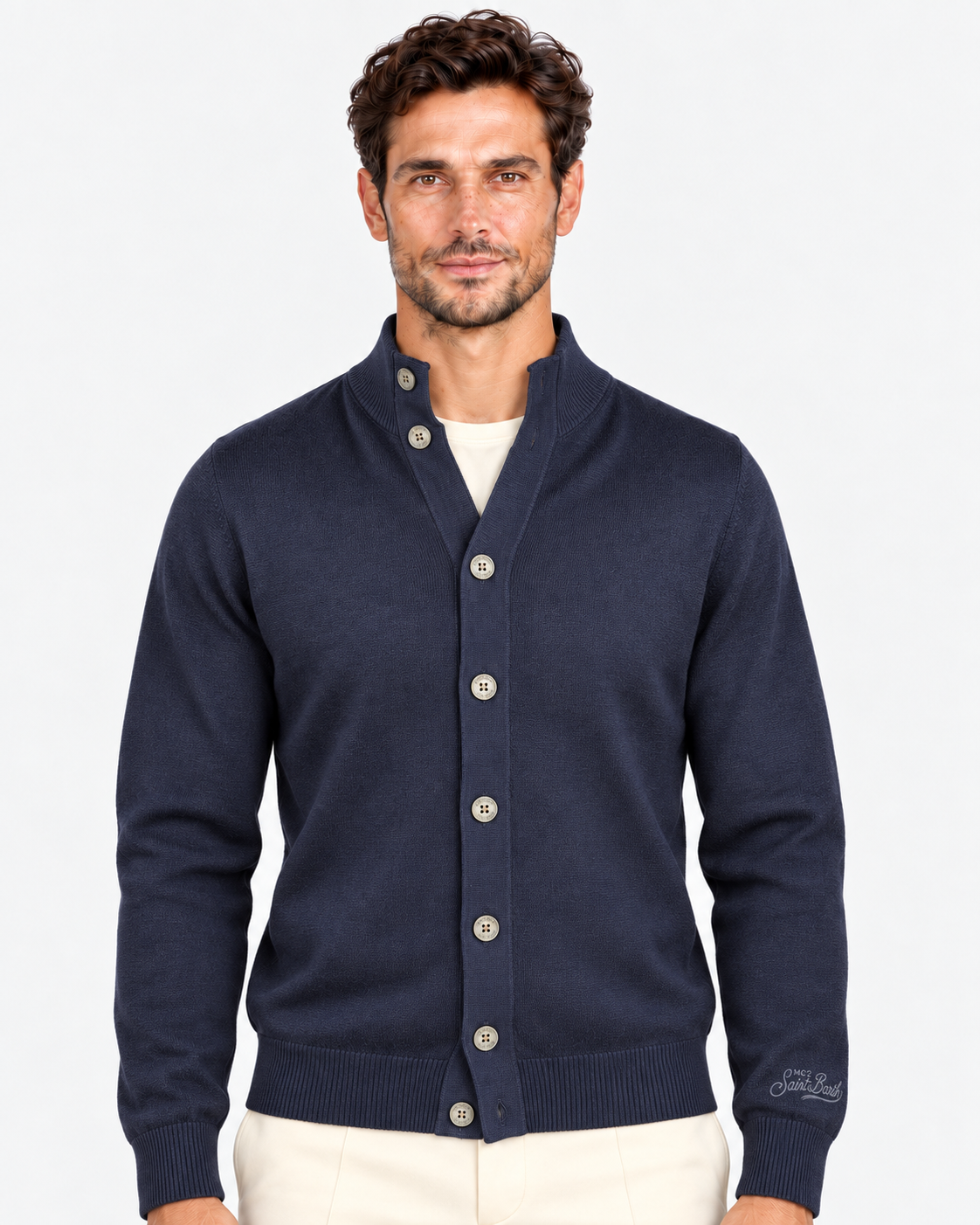 MC2 Saint Barth Cardigan Uomo Night Blue in Lana Merinos Extrafine