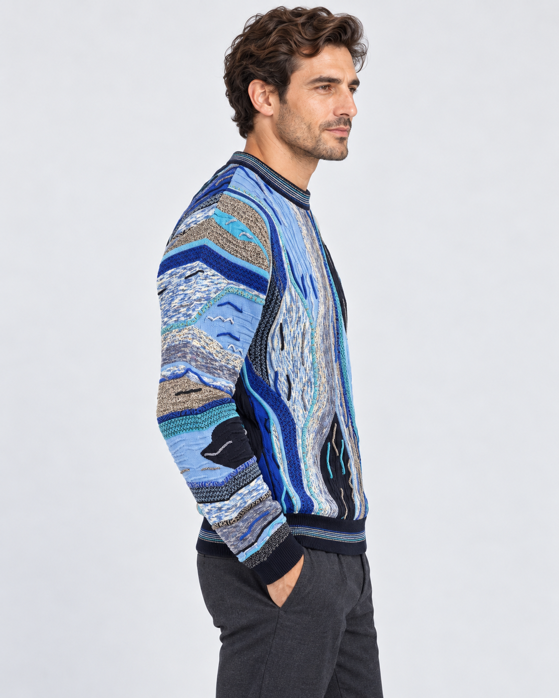Lorenzoni Maglia girocollo uomo fantasia blu e azzurro in misto lana