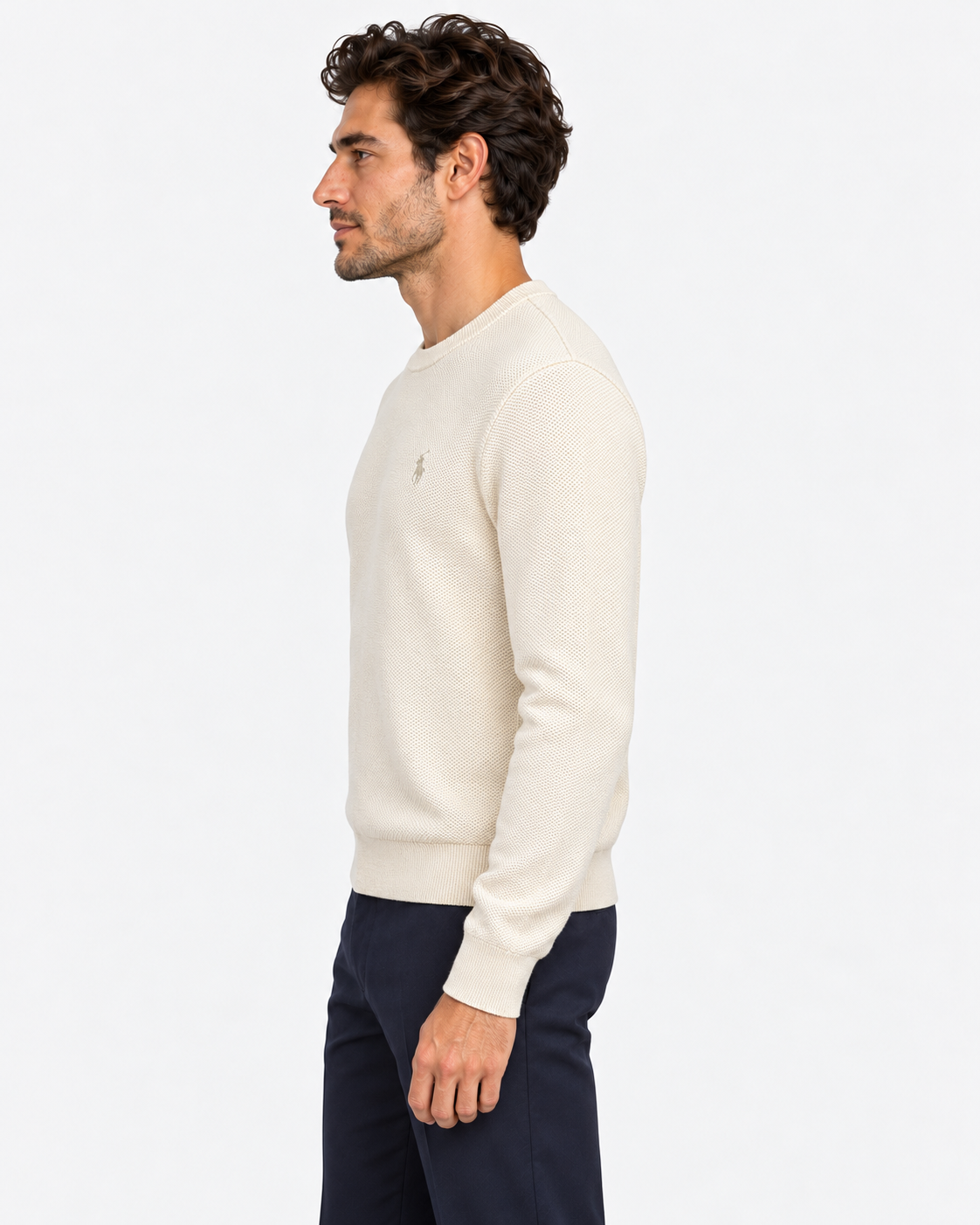 Polo Ralph Lauren Maglione Uomo Girocollo in Cotone Nido d’Ape Panna