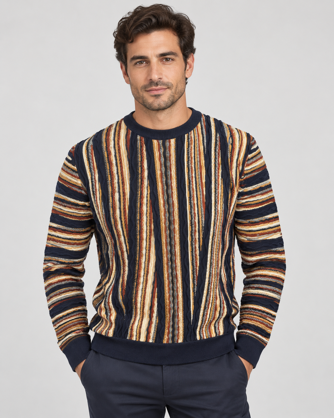 Lorenzoni Maglia girocollo uomo blu a righe multicolore