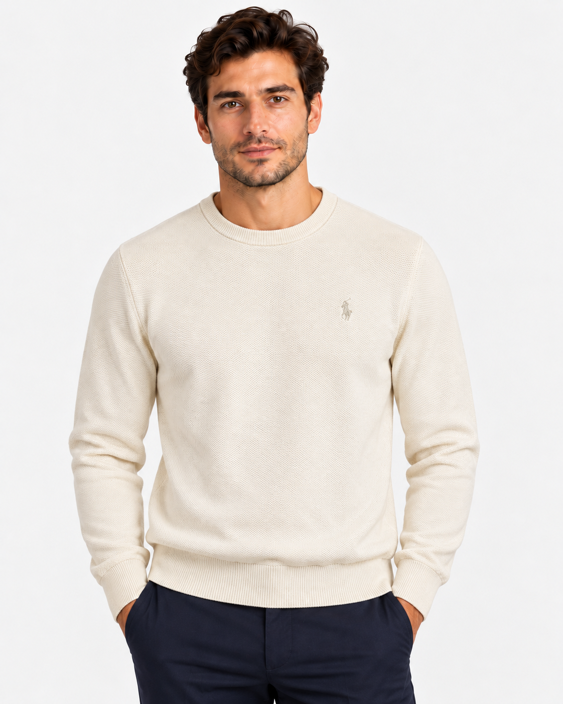 Polo Ralph Lauren Maglione Uomo Girocollo in Cotone Nido d’Ape Panna