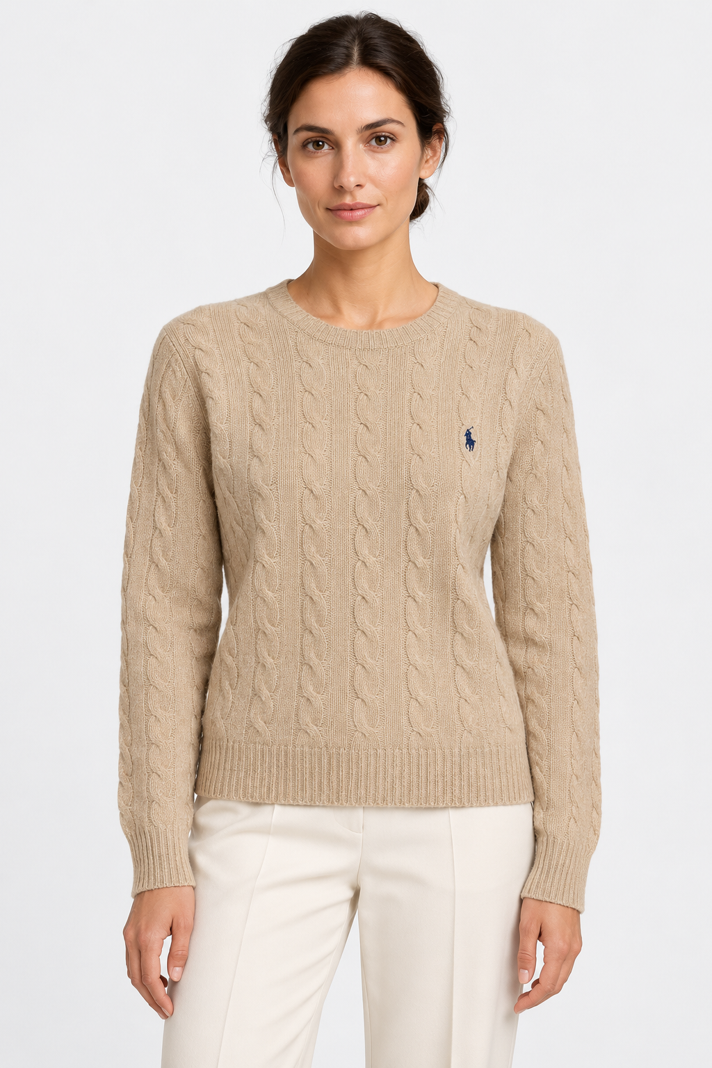 Camel cable-knit wool and cashmere crew neck