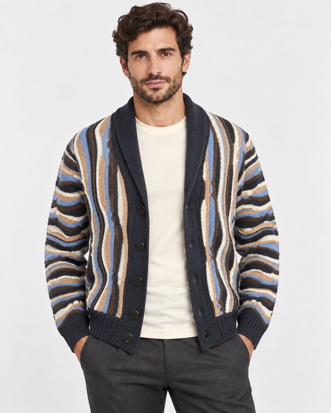Lorenzoni Cardigan uomo multicolore con collo a scialle