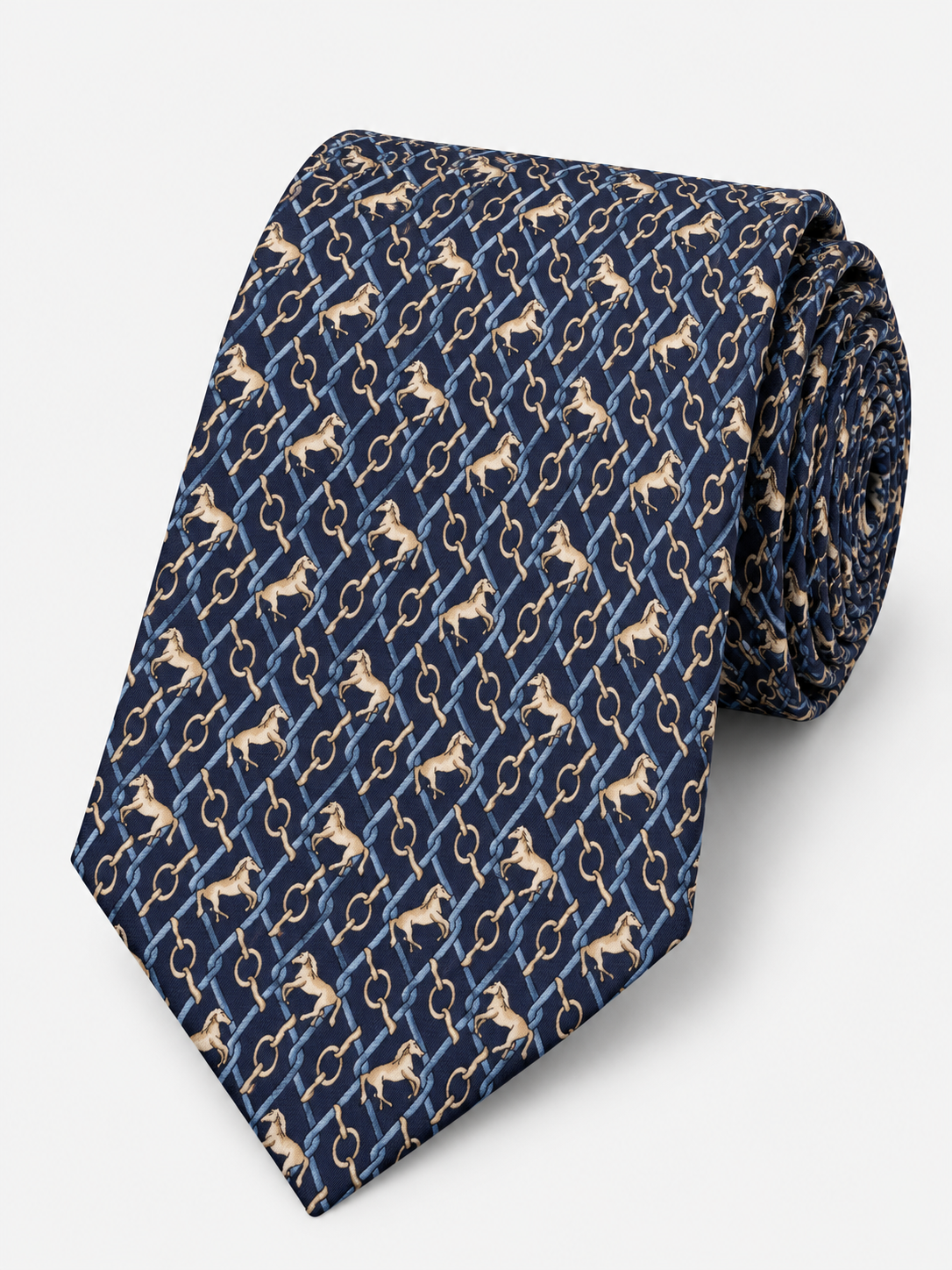 Fefè Cravatta Uomo in Seta Blu Navy con Cavalli Beige