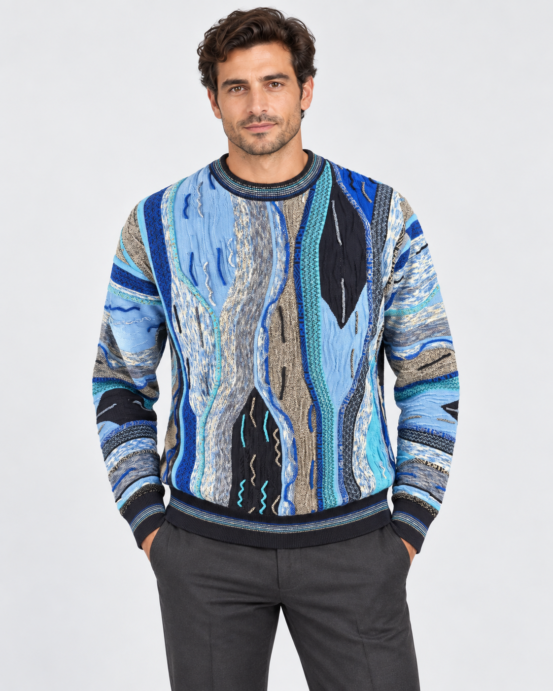 Lorenzoni Maglia girocollo uomo fantasia blu e azzurro in misto lana