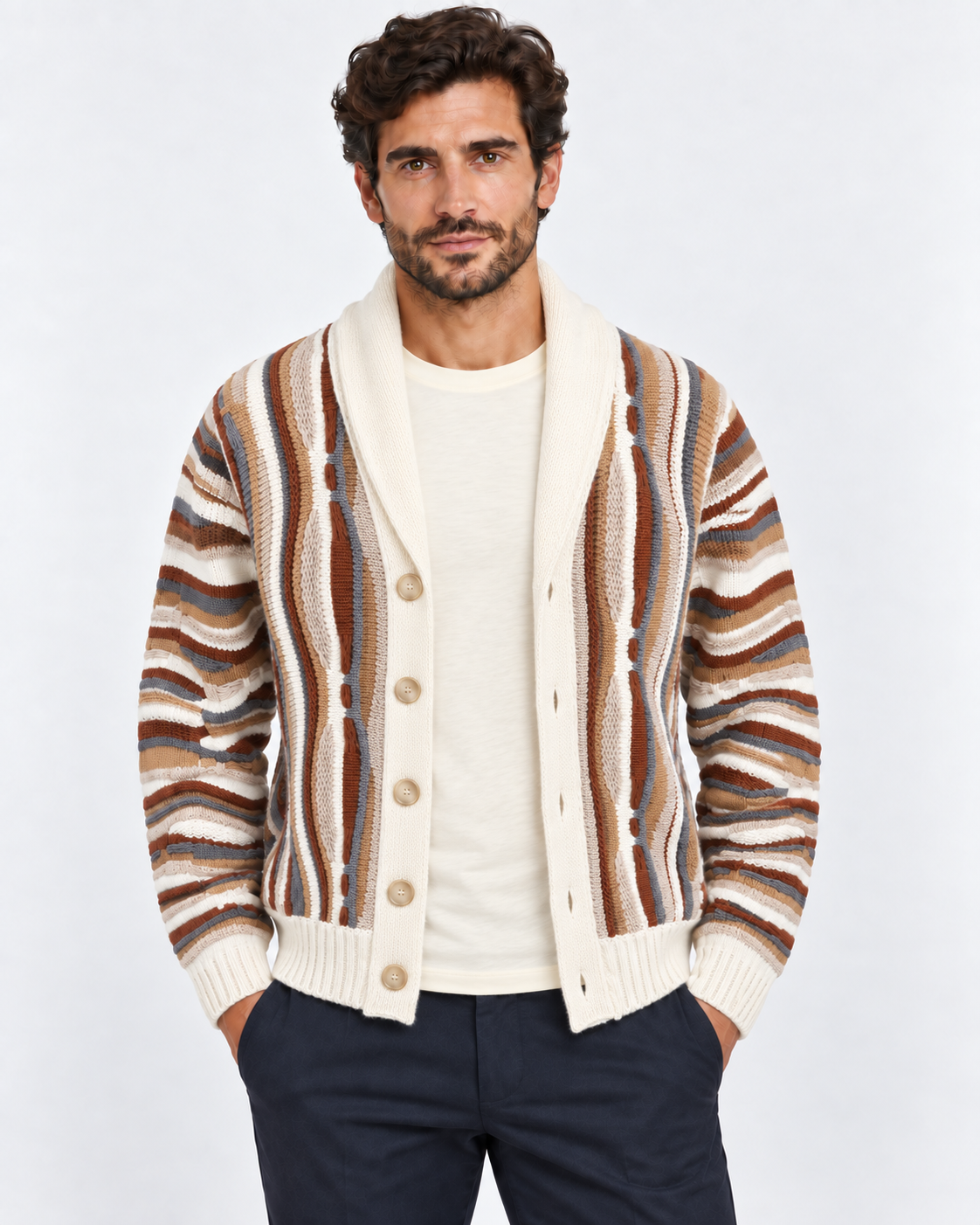Lorenzoni Cardigan uomo fantasia panna con collo a scialle