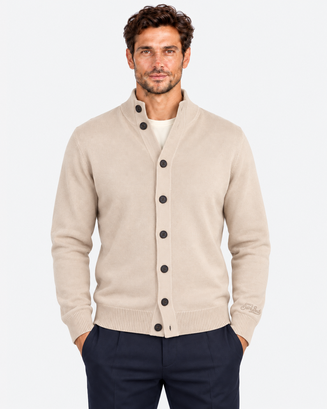 MC2 Saint Barth Cardigan Uomo Beige in Lana Merinos Extrafine