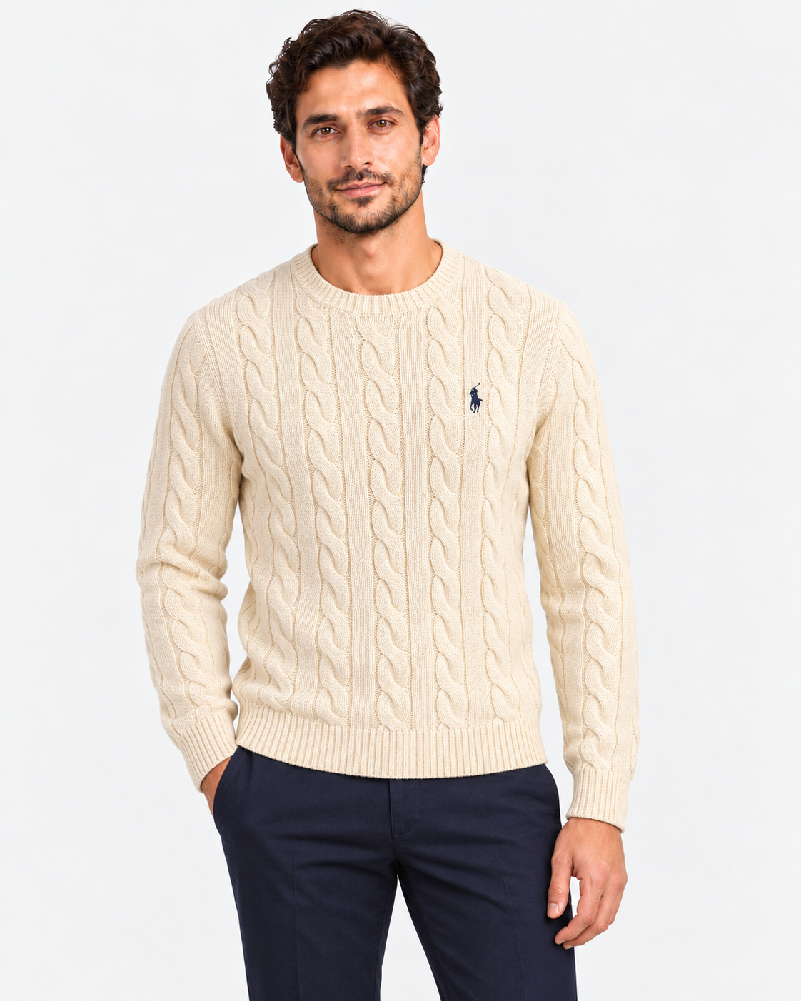 Polo Ralph Lauren Maglione Uomo in Cotone a Trecce Cream