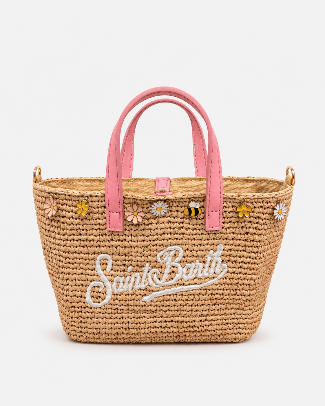 Borsa City mini in raffia con charms applicati e logo ricamato