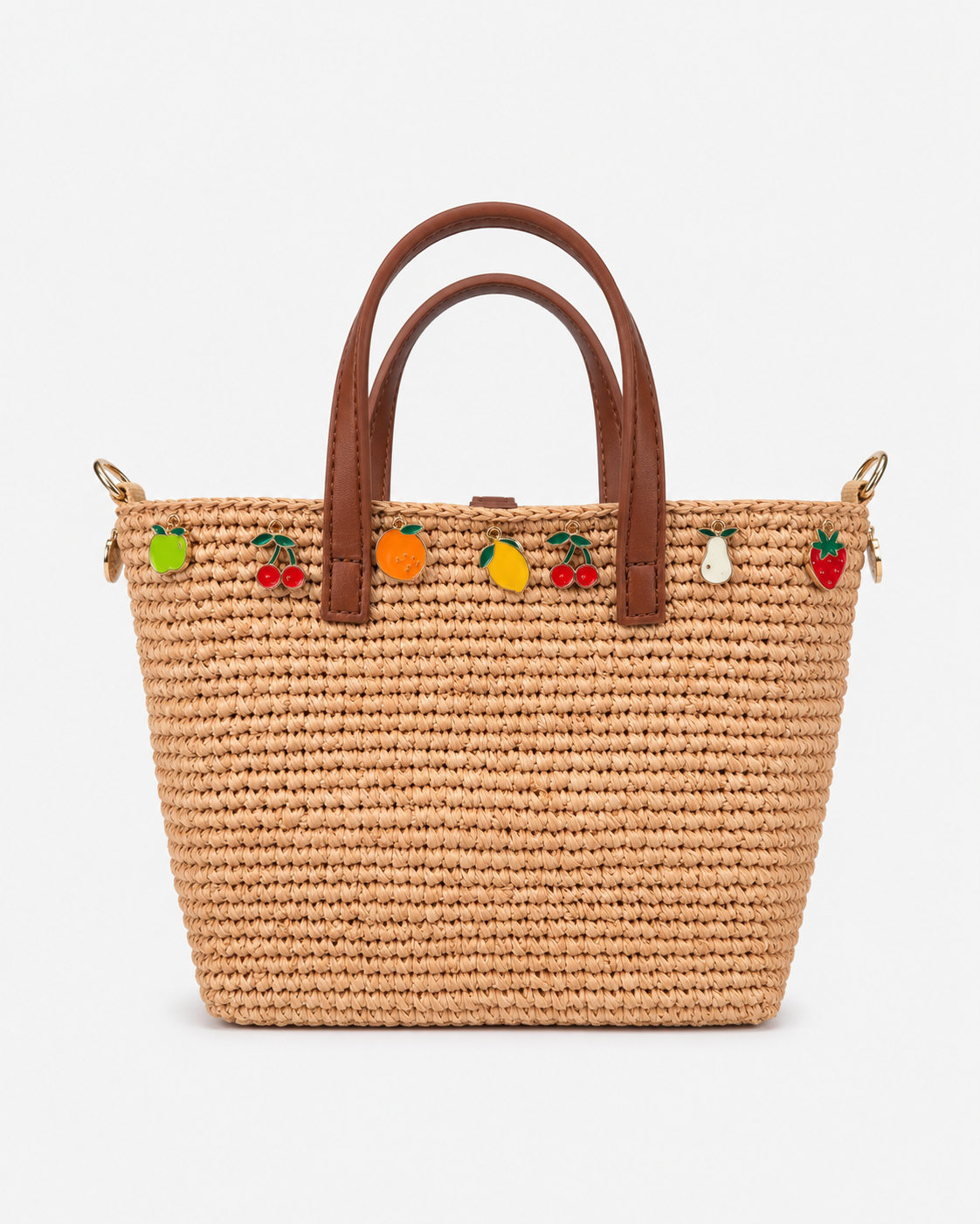 Borsa City mini in raffia con charms applicati e logo ricamato