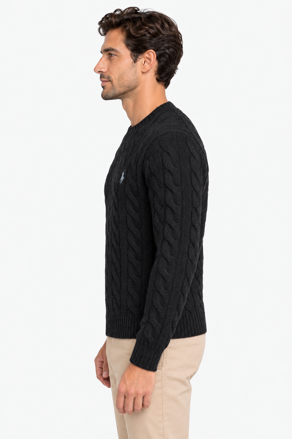 Polo Ralph Lauren Maglia Uomo a Trecce Nera in Lana e Cashmere