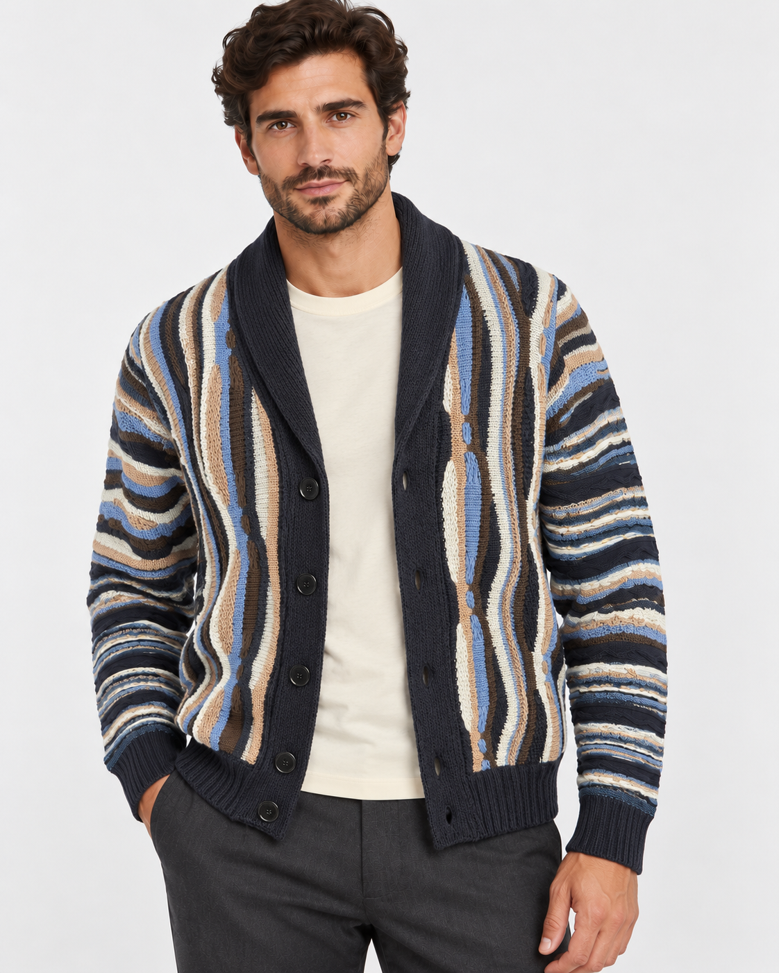 Lorenzoni Cardigan uomo multicolore con collo a scialle