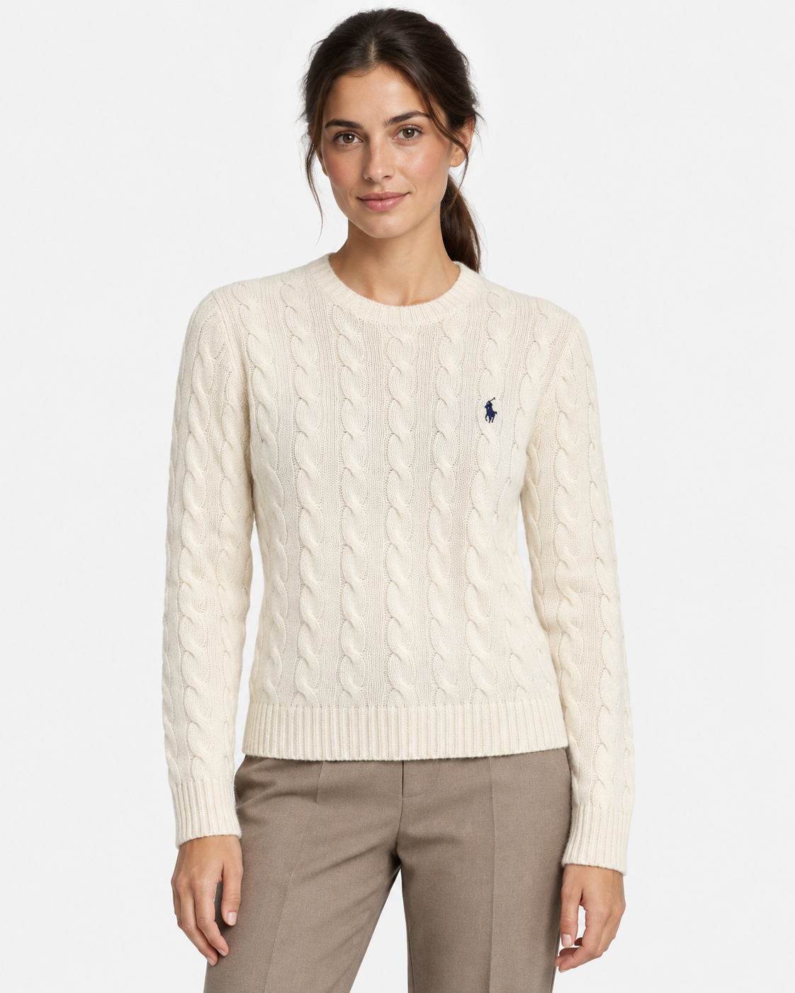 White cable-knit wool and cashmere crew neck