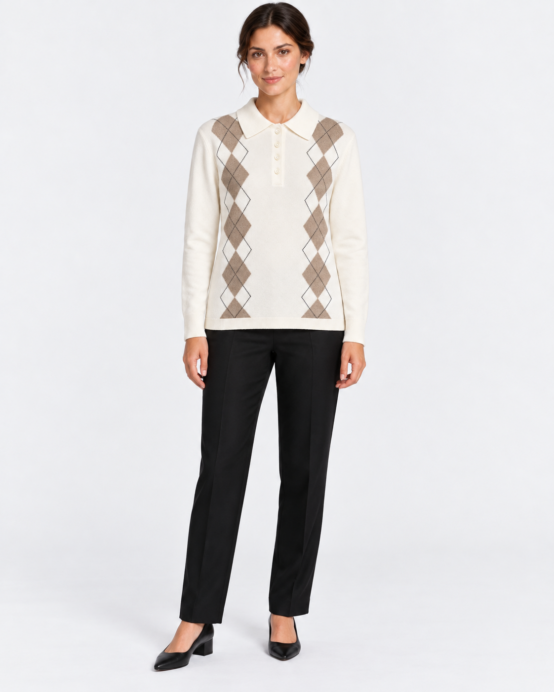 Gran Sasso Polo Donna Panna a Rombi in Lana e Cashmere