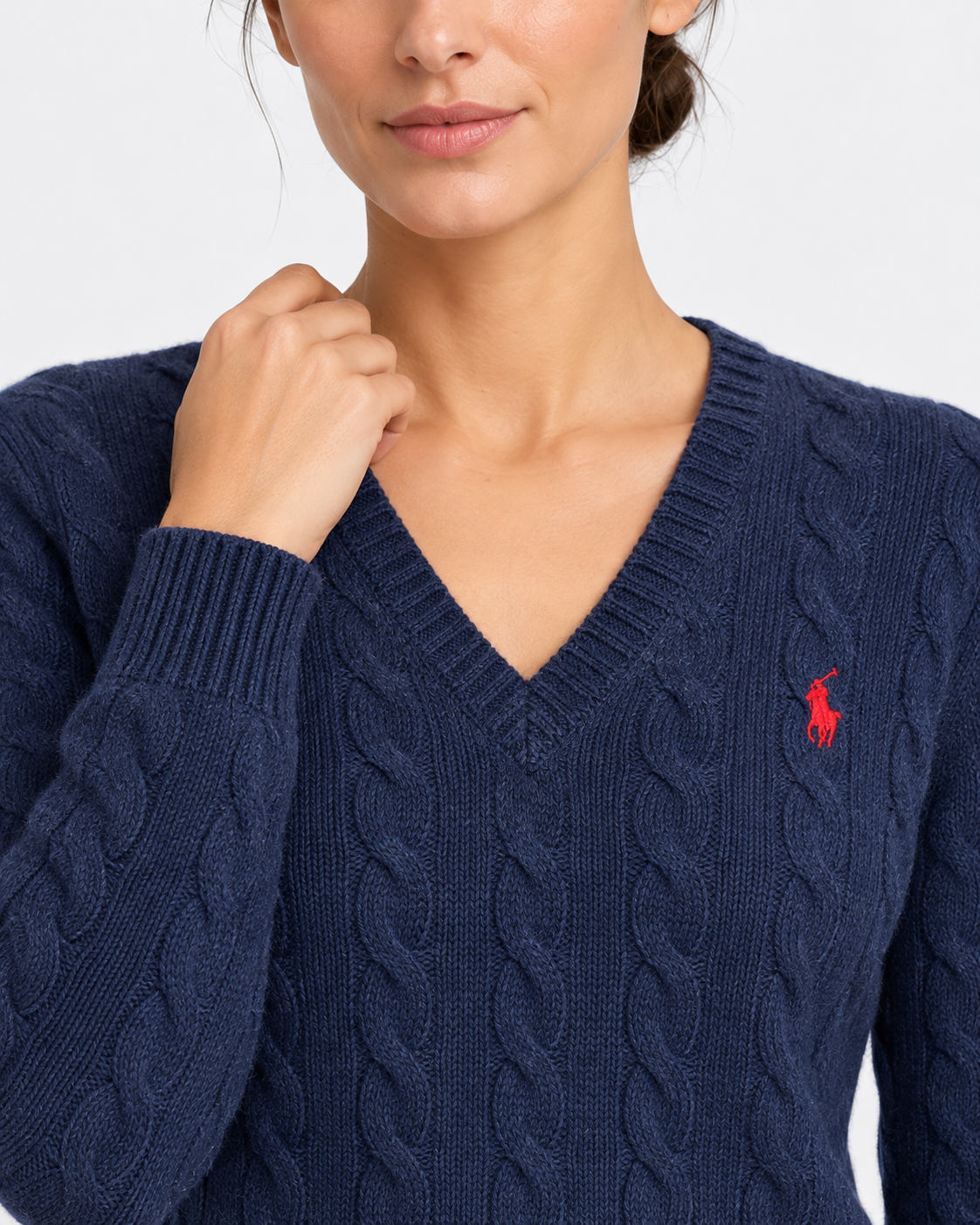Maglione a collo a V in lana e cashmere a trecce blu