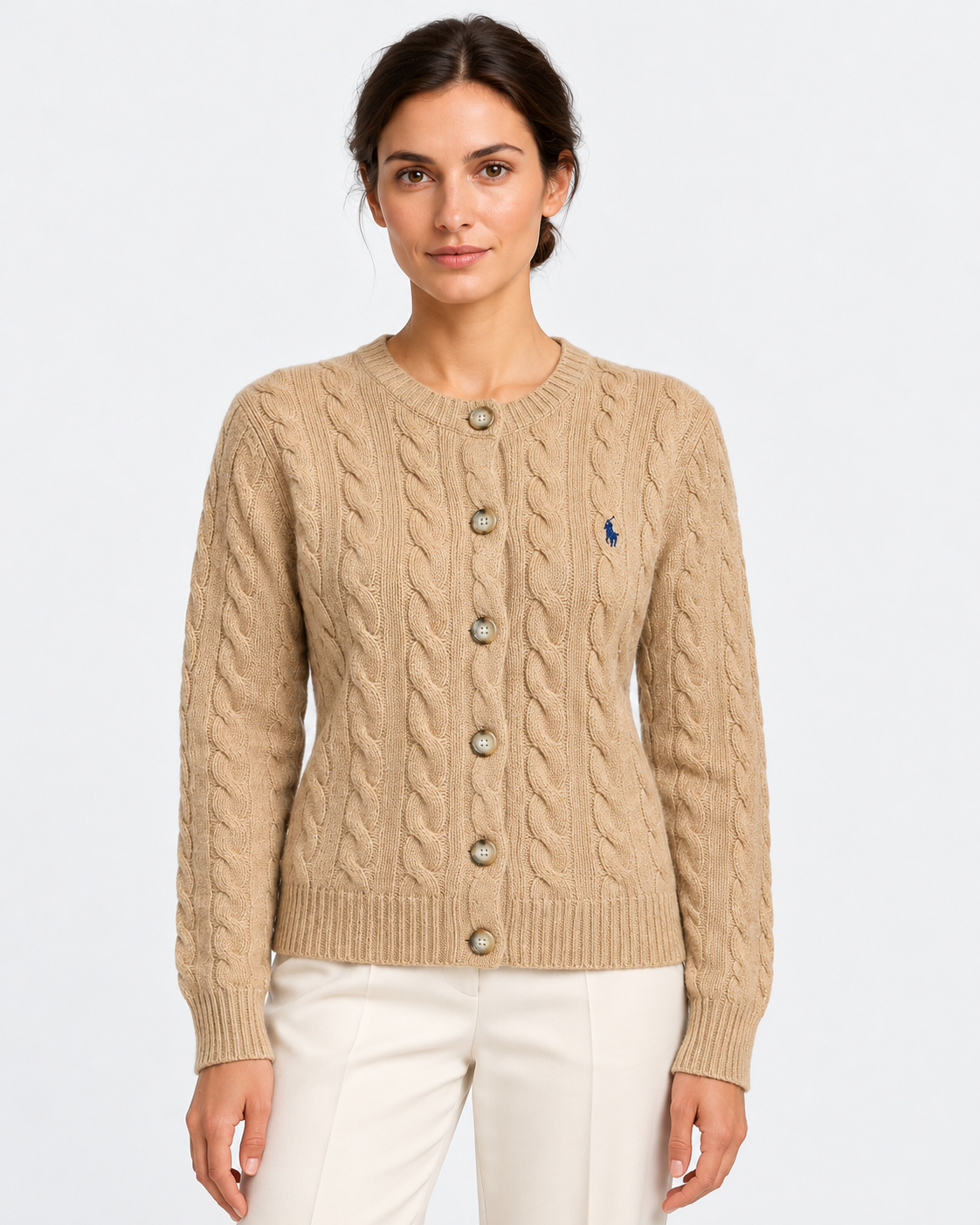 Cardigan in lana e cashmere a trecce beige