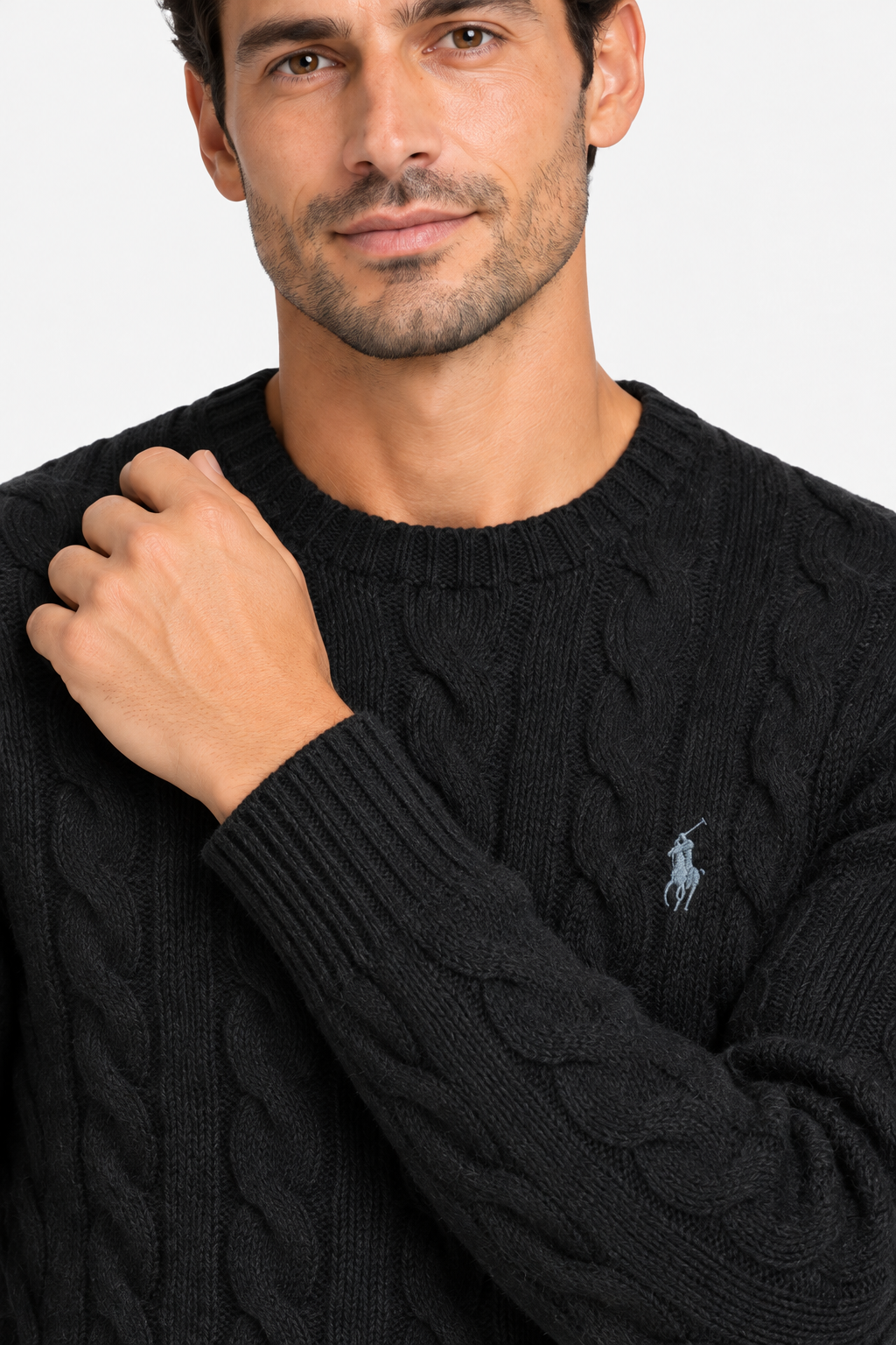 Polo Ralph Lauren Maglia Uomo a Trecce Nera in Lana e Cashmere