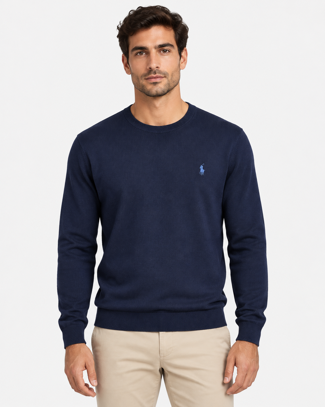 Polo Ralph Lauren Maglione Uomo Girocollo in Cotone Blu Slim Fit