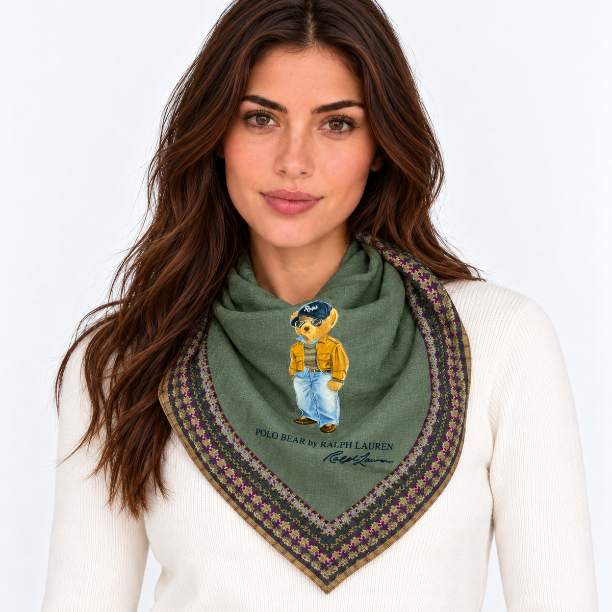 Polo Ralph Lauren Sciarpa Donna Quadrata Polo Bear in Lana Verde
