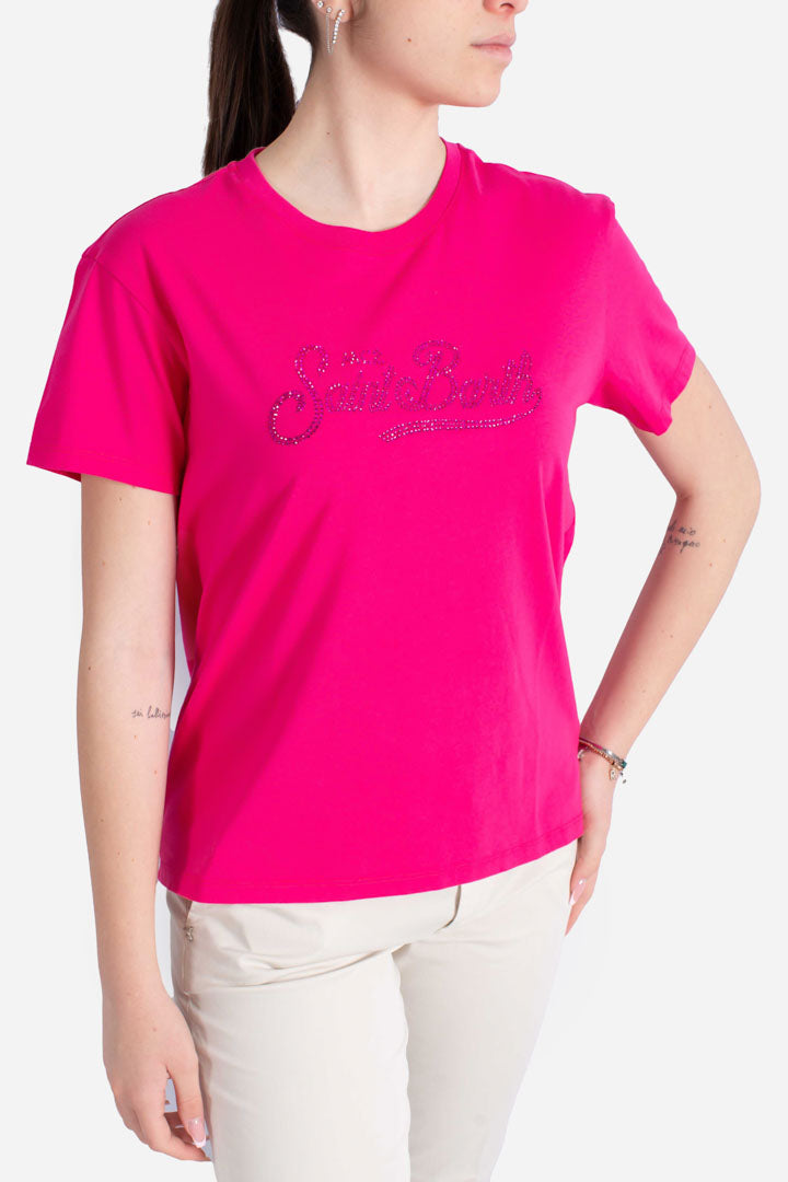 T-shirt da donna in cotone con ricamo strass MC2 St.Barth