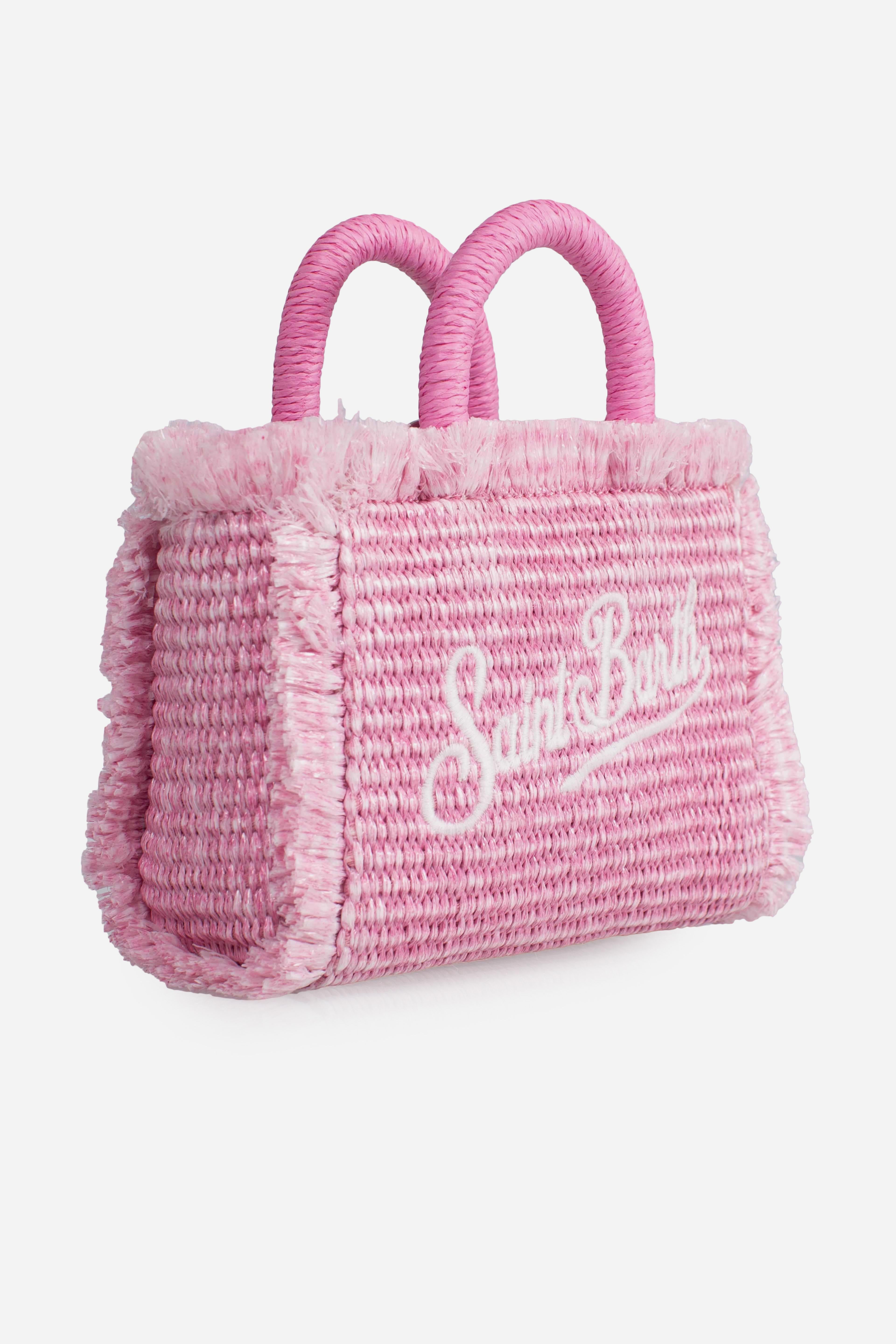 Borsa Vanity micro effetto paglia con dettagli rosa