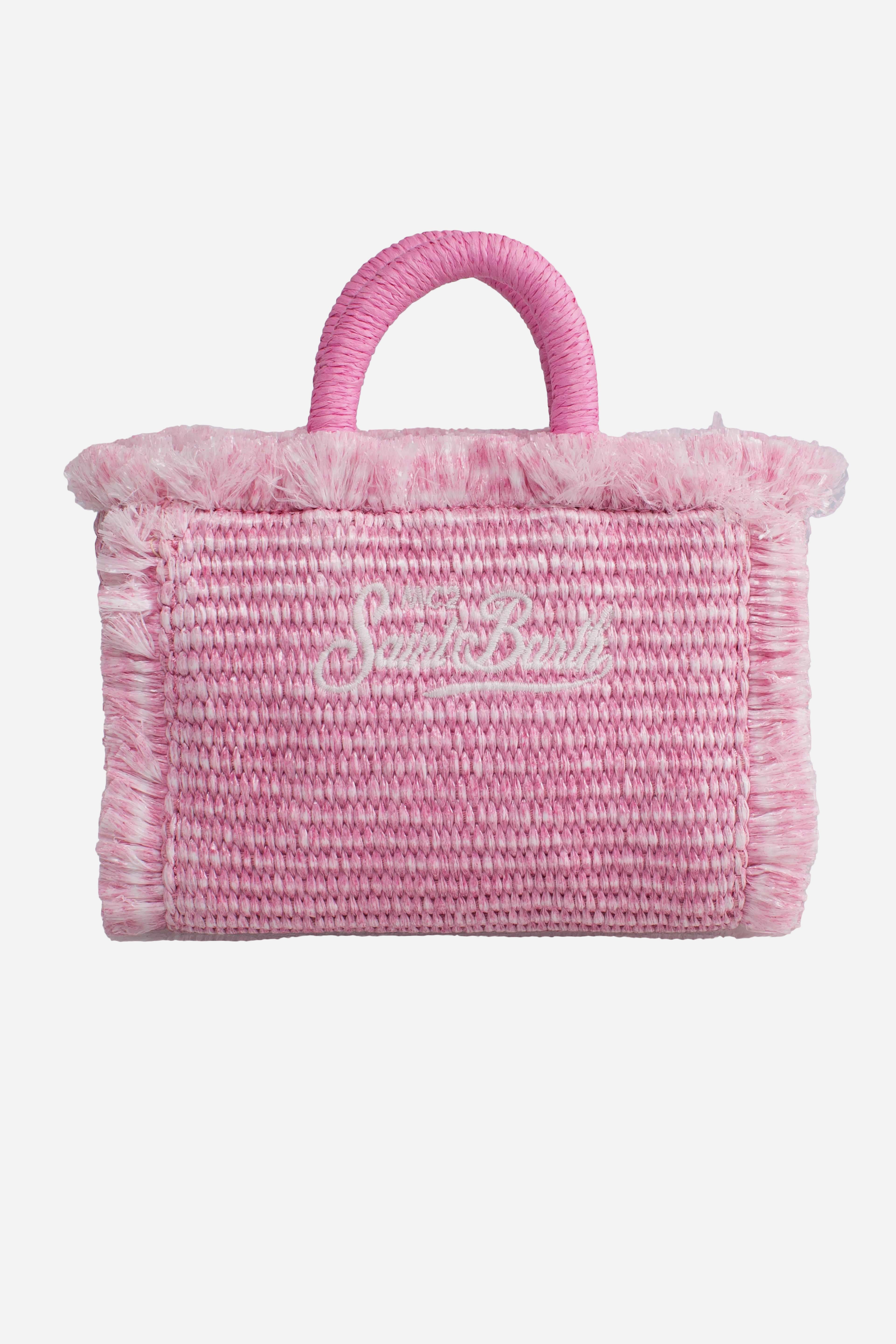 Borsa Vanity micro effetto paglia con dettagli rosa