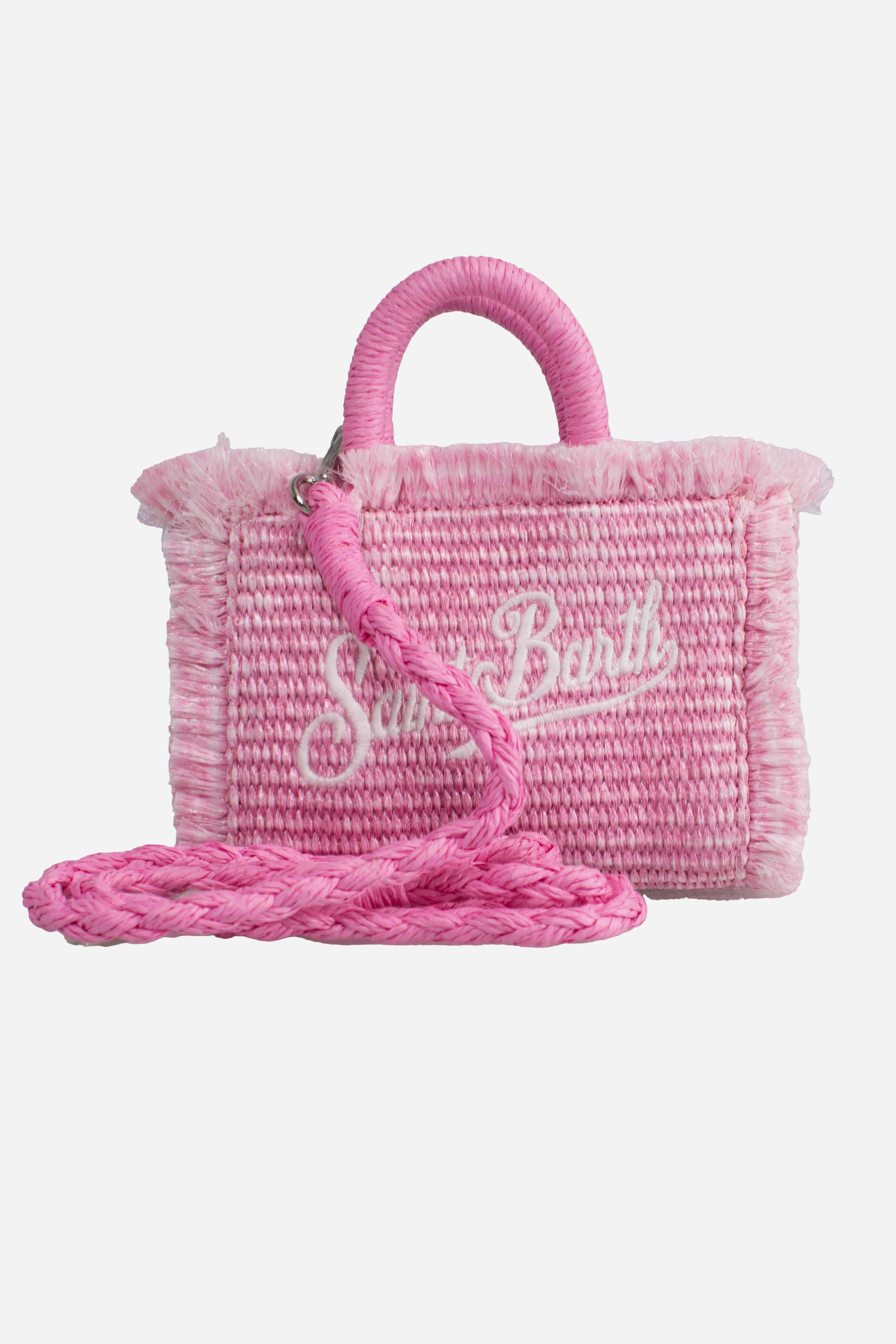 Borsa Vanity micro effetto paglia con dettagli rosa
