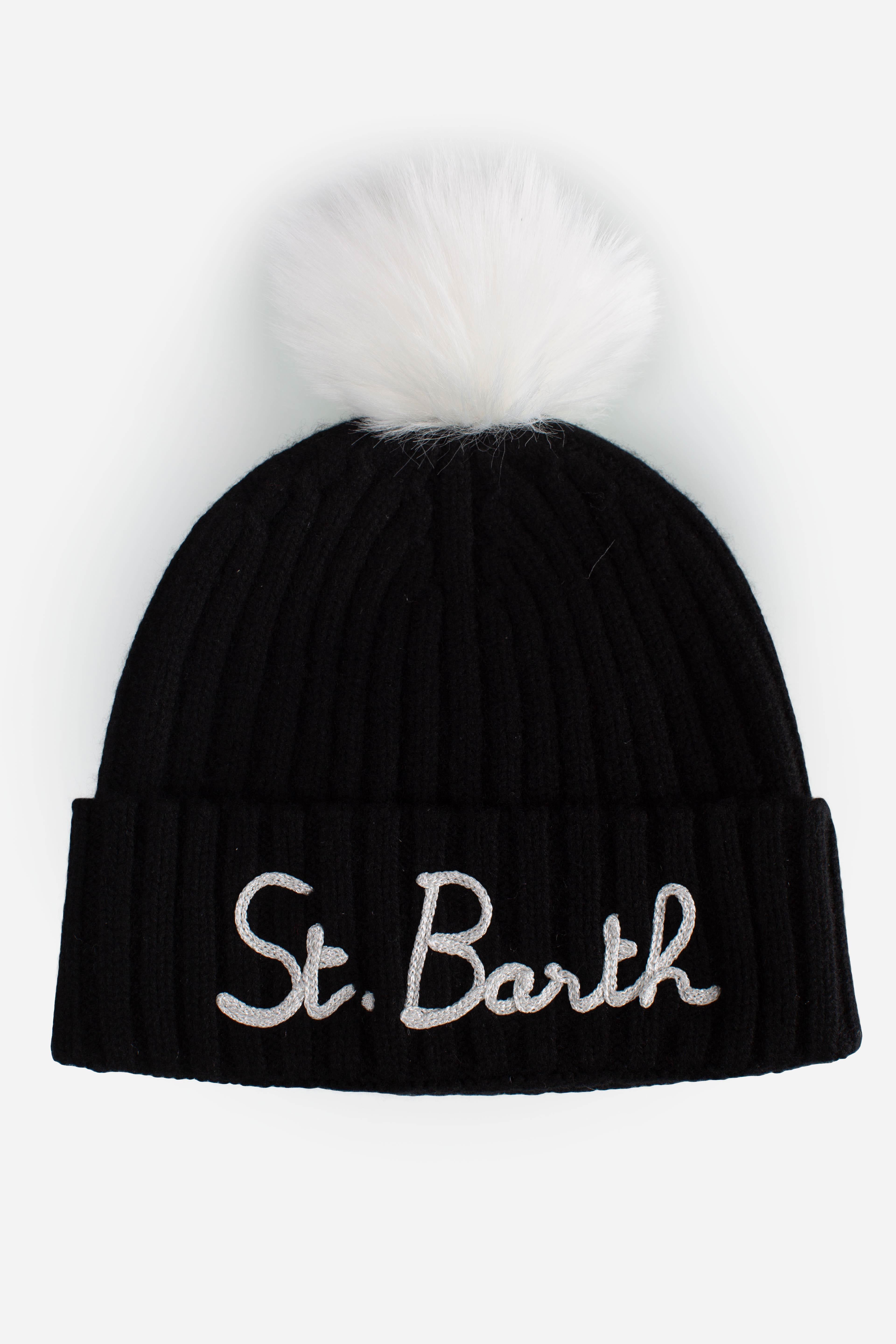 Cuffia Donna Nera con Pompon Bianco e Logo Argento WENG00603138I MC2 SAINT BARTH