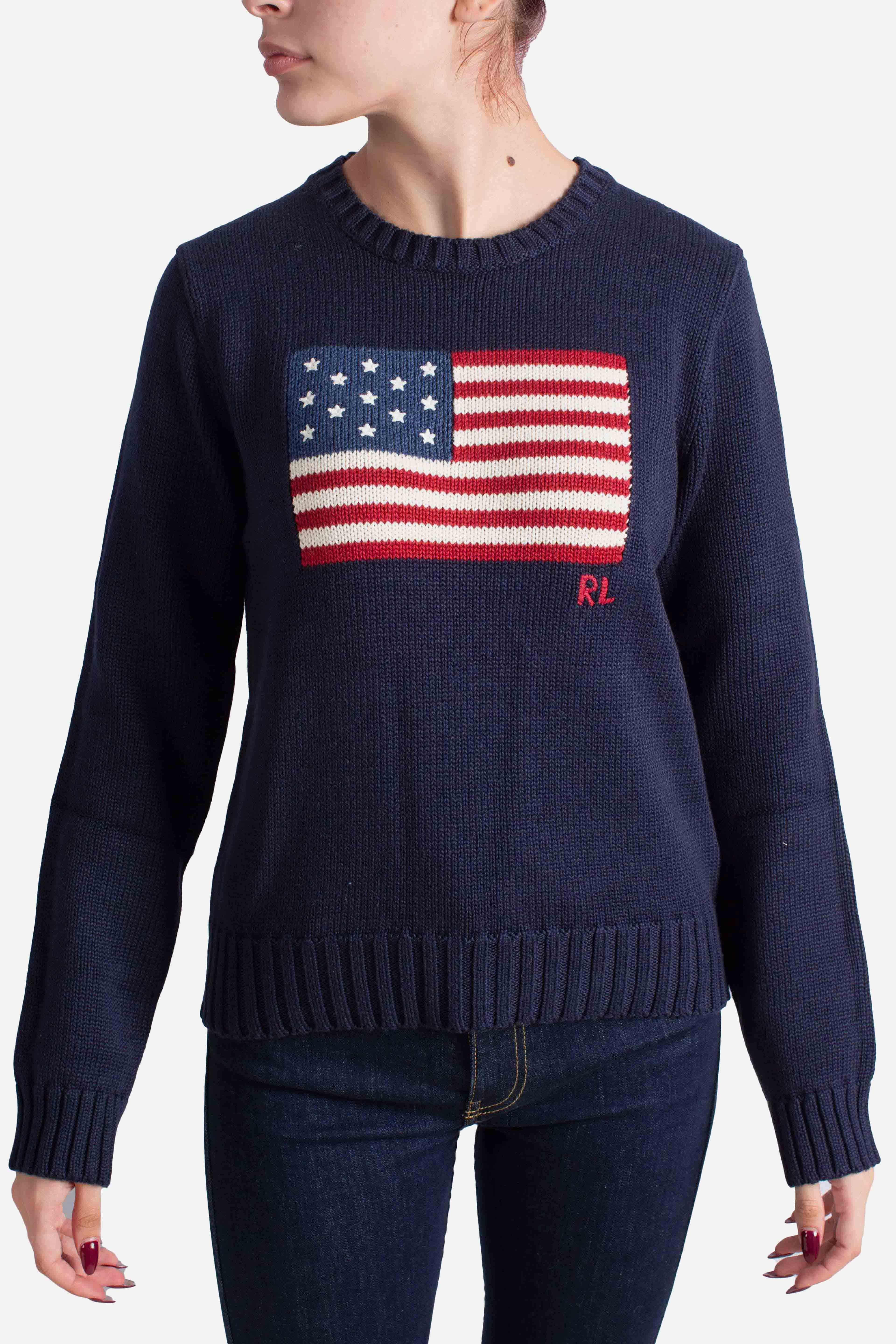 Maglia girocollo in cotone con bandiera navy 211896939001 POLO RALPH LAUREN