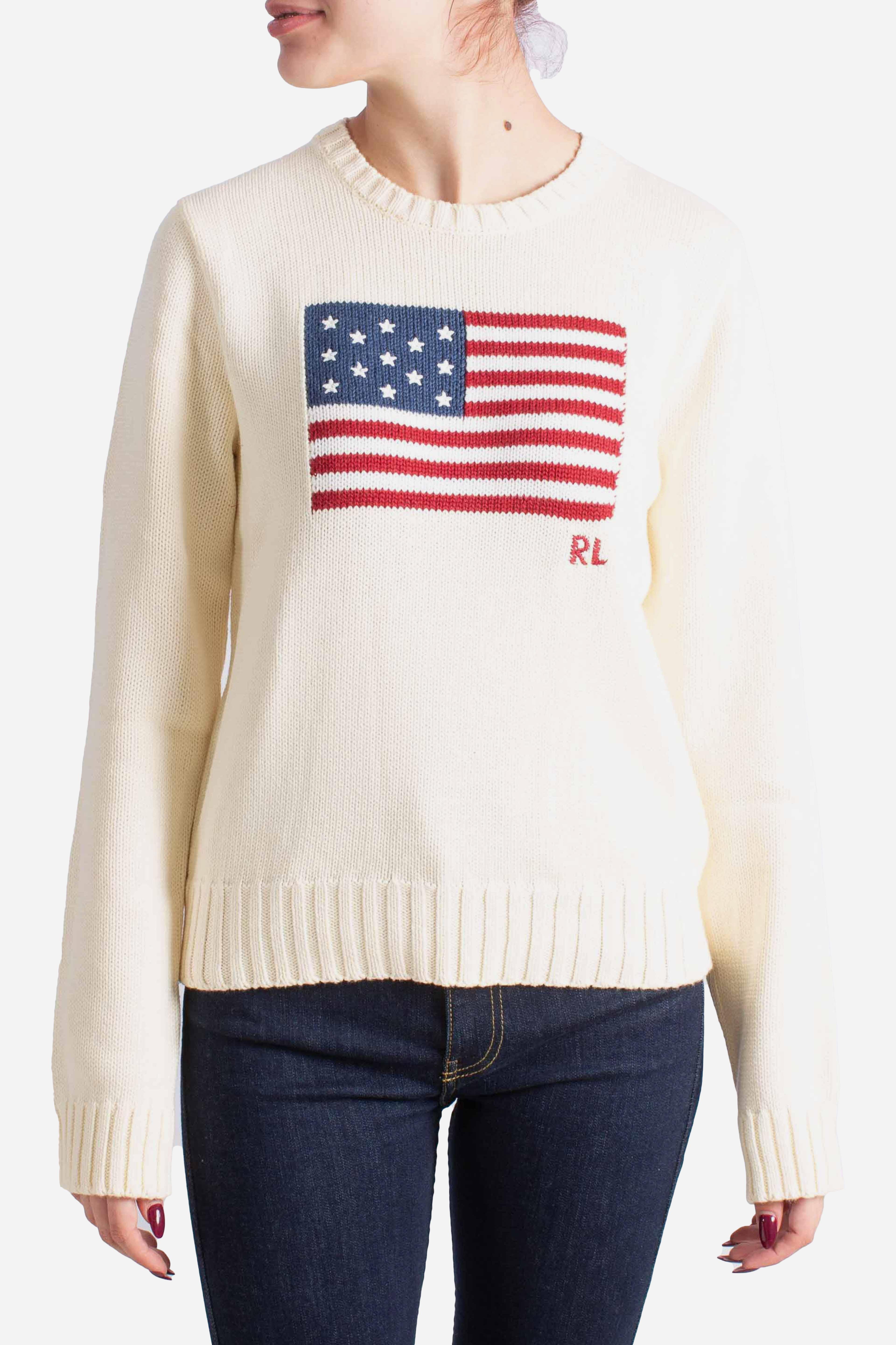 Maglia girocollo in cotone con bandiera white 211896939002 POLO RALPH LAUREN