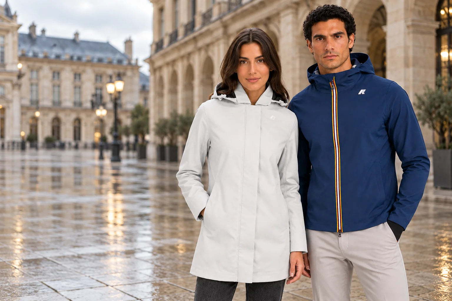 Elaborazione editoriale AI da foto di catalogo: K-Way Mathy Bonded bianco donna e Jacko Bonded blu uomo.